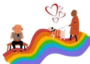 Two older cartoon men who receive LGBTQ+ senior care are happily reading the paper and walking a dog on a rainbow.